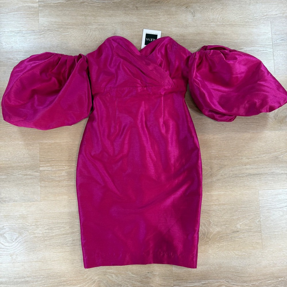 Strapless Magenta Dress with Puff Sleeves